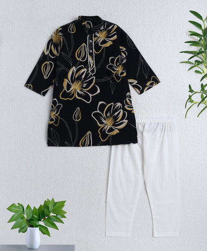 Cotton Woven Full Sleeves Floral Printed Kurta with Pyjama Set - Black