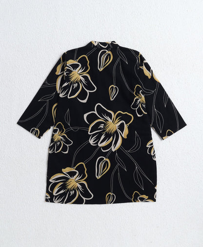 Cotton Woven Full Sleeves Floral Printed Kurta with Pyjama Set - Black