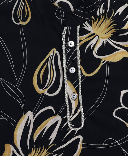 Cotton Woven Full Sleeves Floral Printed Kurta with Pyjama Set - Black