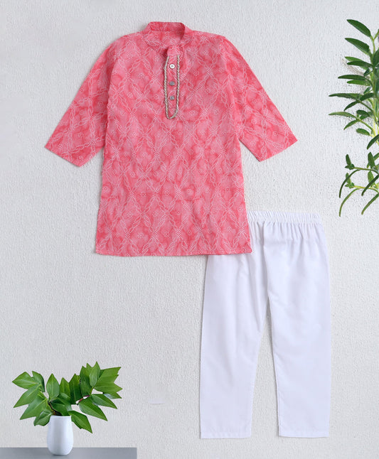 Cotton Woven Full Sleeves Printed Kurta with Pyjama Set-Pink