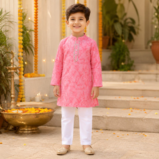 Cotton Woven Full Sleeves Printed Kurta with Pyjama Set - Pink