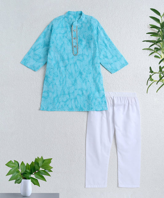 Cotton Woven Full Sleeves Printed Kurta with Pyjama Set-Blue