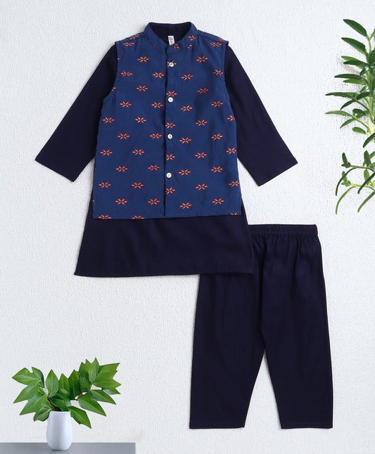 Cotton Woven Full Sleeves Foil Printed Kurta and Pyjama Set with Jacket- Navy Blue