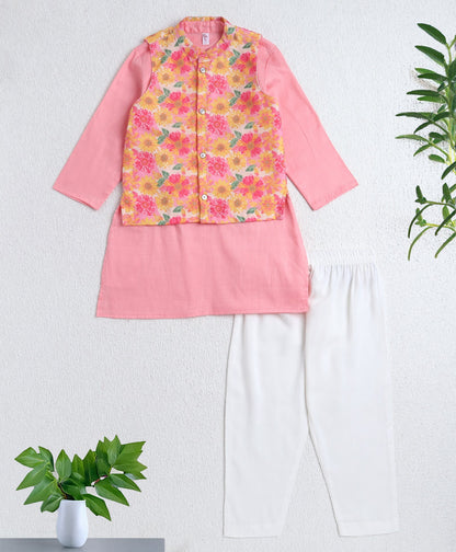 Cotton Woven Full Sleeves Digital Printed Kurta and Pyjama Set with Jacket - Pink