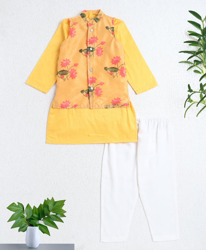 Cotton Woven Full Sleeves Solid Kurta and Pyjama Set with Digital Print Jacket - Yellow