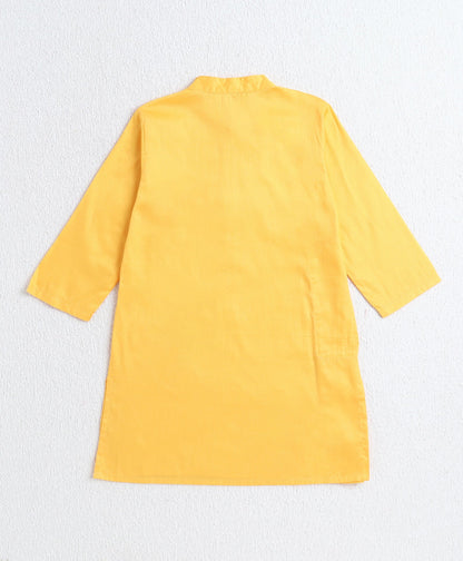 Cotton Woven Full Sleeves Solid Kurta and Pyjama Set with Digital Print Jacket - Yellow