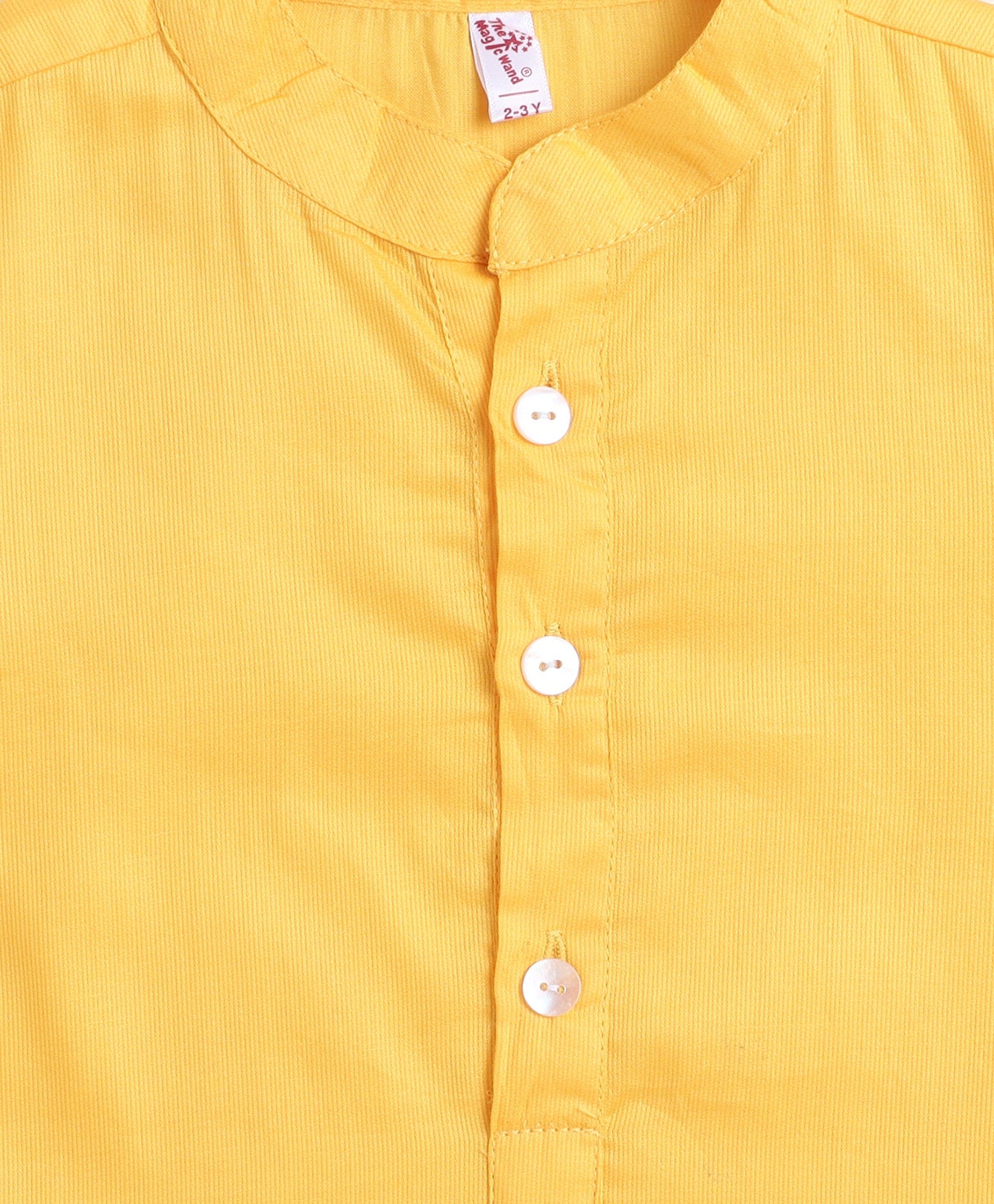 Cotton Woven Full Sleeves Solid Kurta and Pyjama Set with Digital Print Jacket - Yellow