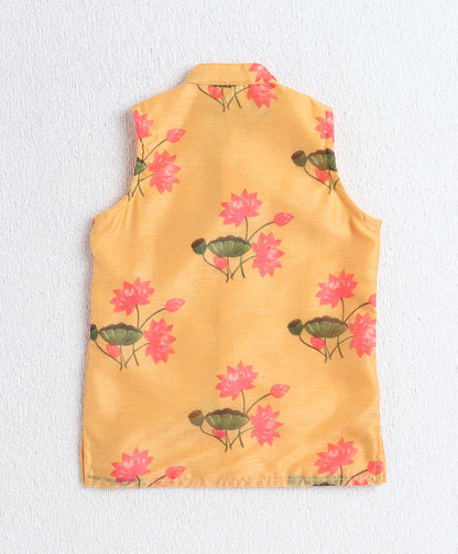 Cotton Woven Full Sleeves Solid Kurta and Pyjama Set with Digital Print Jacket - Yellow