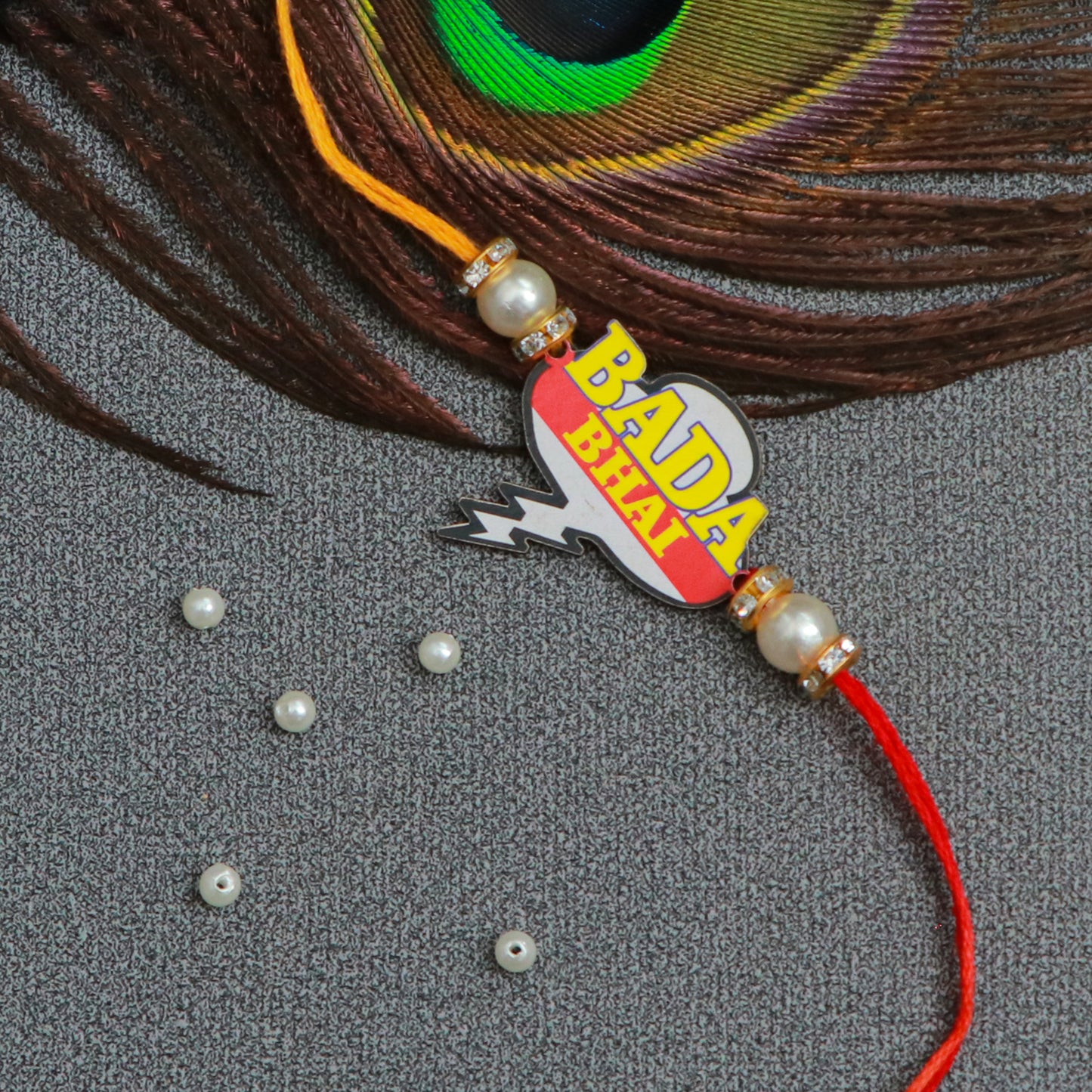 The Magic Wand Quirky Bada Bhai Printed Wooden Rakhi - Red,Yellow