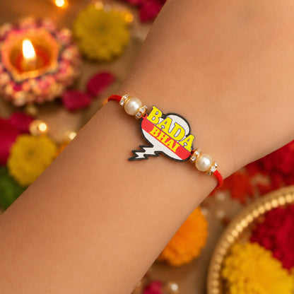 The Magic Wand Quirky Bada Bhai Printed Wooden Rakhi - Red,Yellow