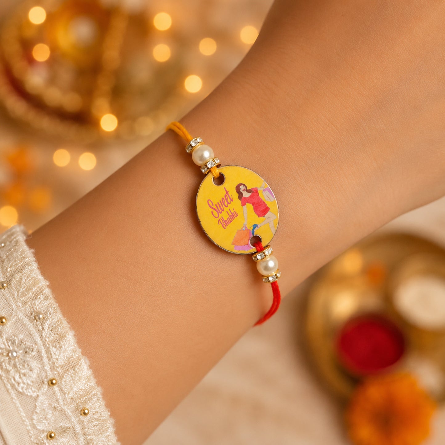 The Magic Wand Trendy Stylish Sweet Bhabhi Wooden  Rakhi -Yellow