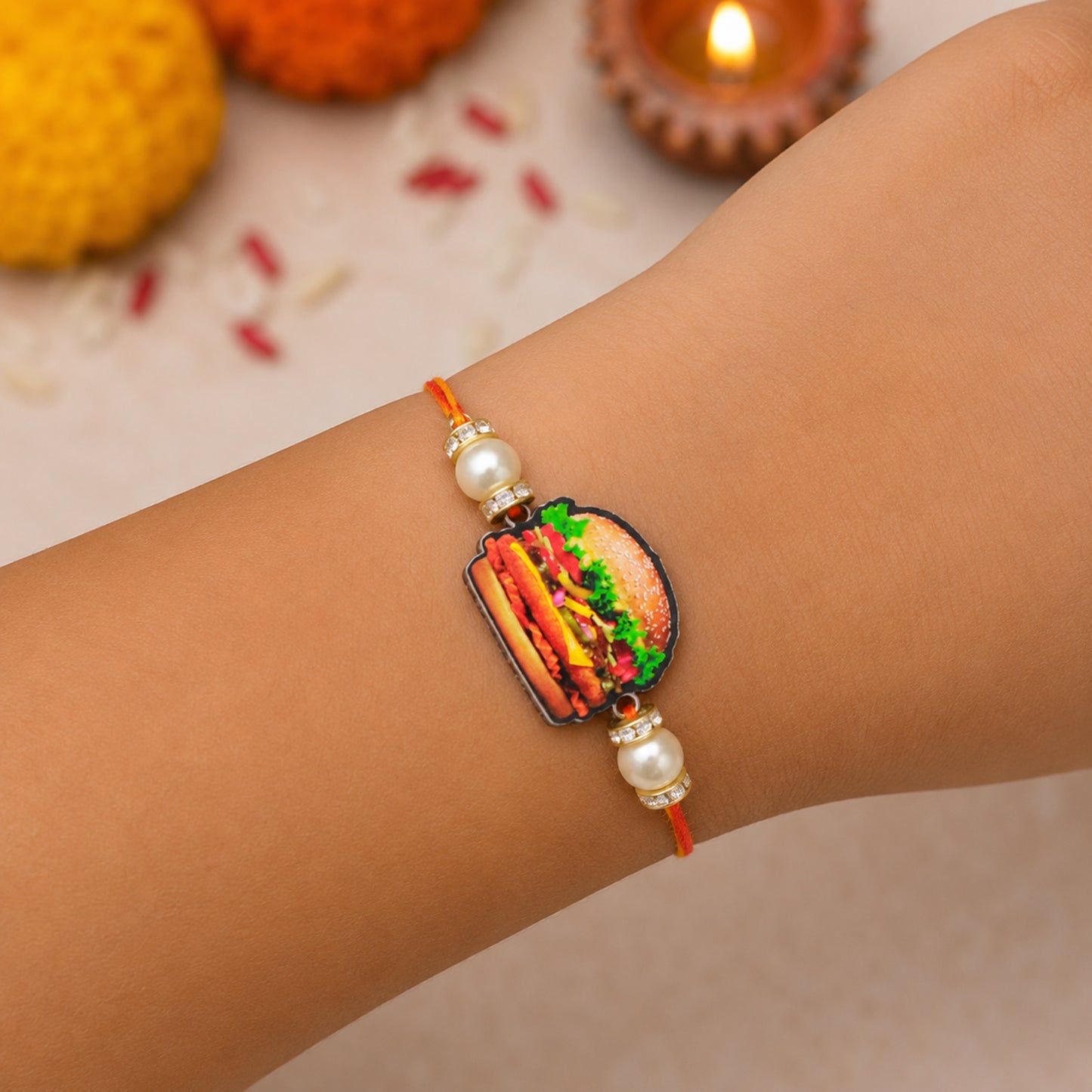 The Magic Wand Quirky Wooden Burger Rakhi - Multi Colour