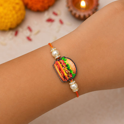 The Magic Wand Quirky Burger Printed Wooden Rakhi - Multi Colour