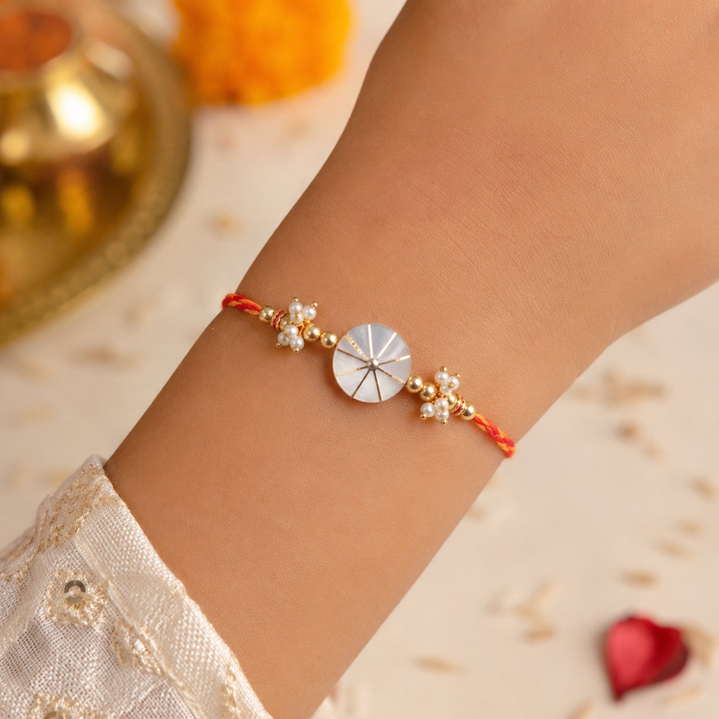 The Magic Wand Trendy Beaded Ivory Stone Rakhi for Brother-Golden