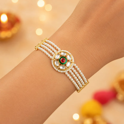 The Magic Wand Traditional Handmade Mini Pearl Kundan Bracelet Rakhi-Multicolour