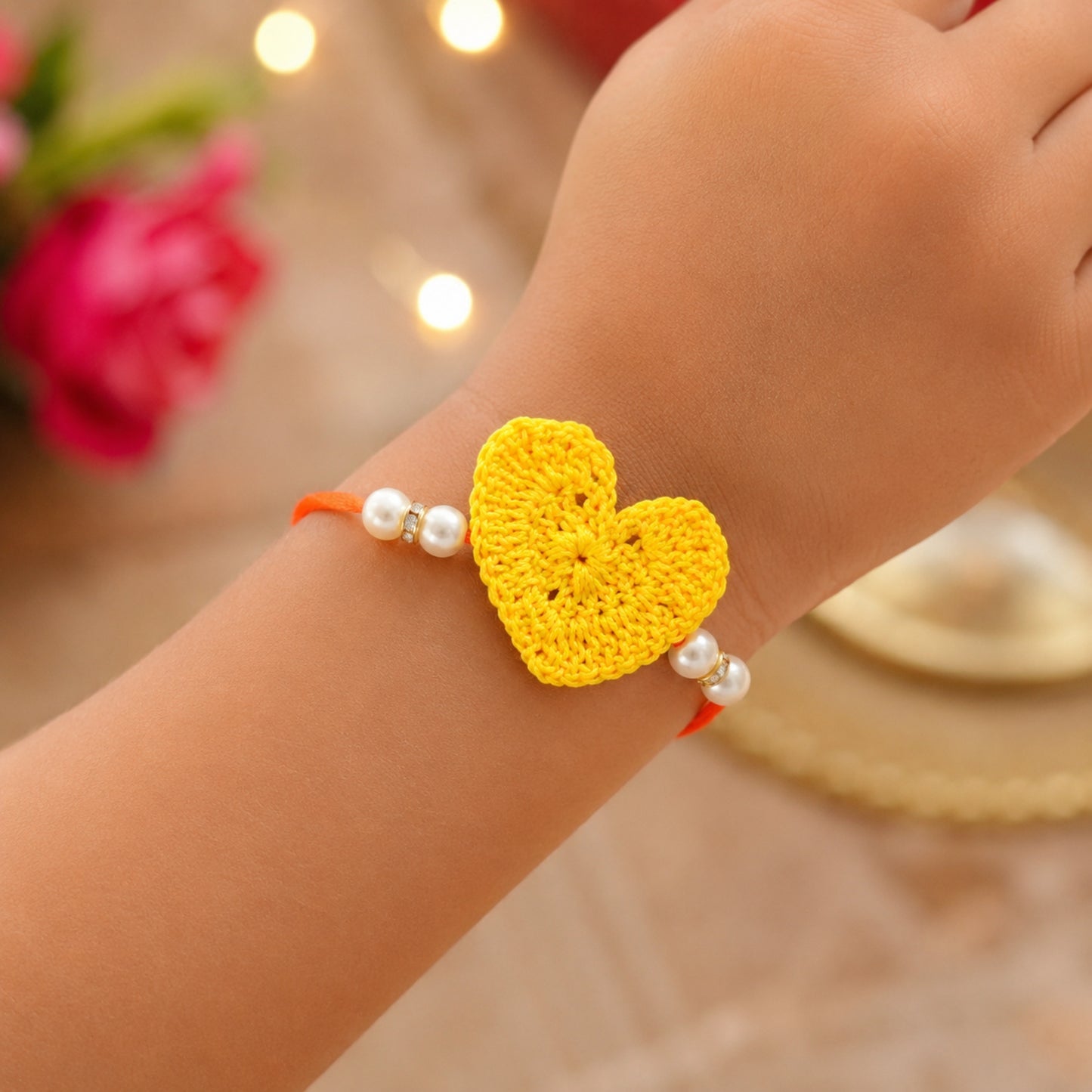 The Magic Wand Trendy Handcrafted Crochet Heart Shaped Rakhi - Yellow