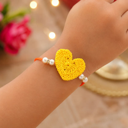 The Magic Wand Trendy Handcrafted Crochet Heart Shaped Rakhi - Yellow