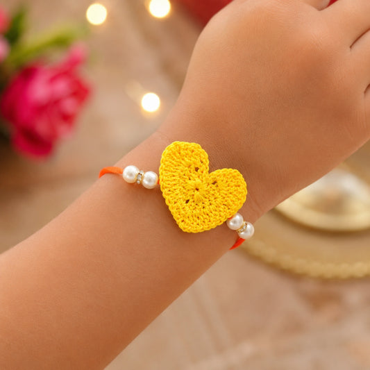 The Magic Wand Trendy Handcrafted Crochet Heart Shaped Rakhi - Yellow
