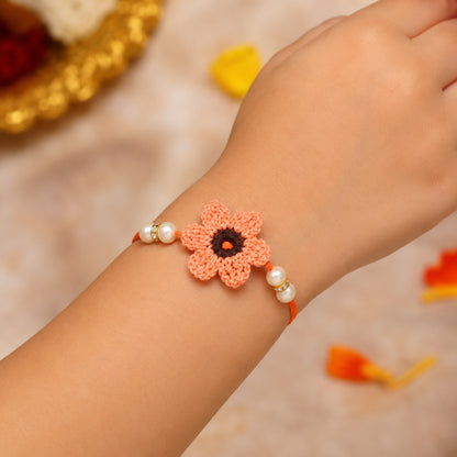 The Magic Wand Trendy Handcrafted Crochet Flower Shaped Rakhi - Peach