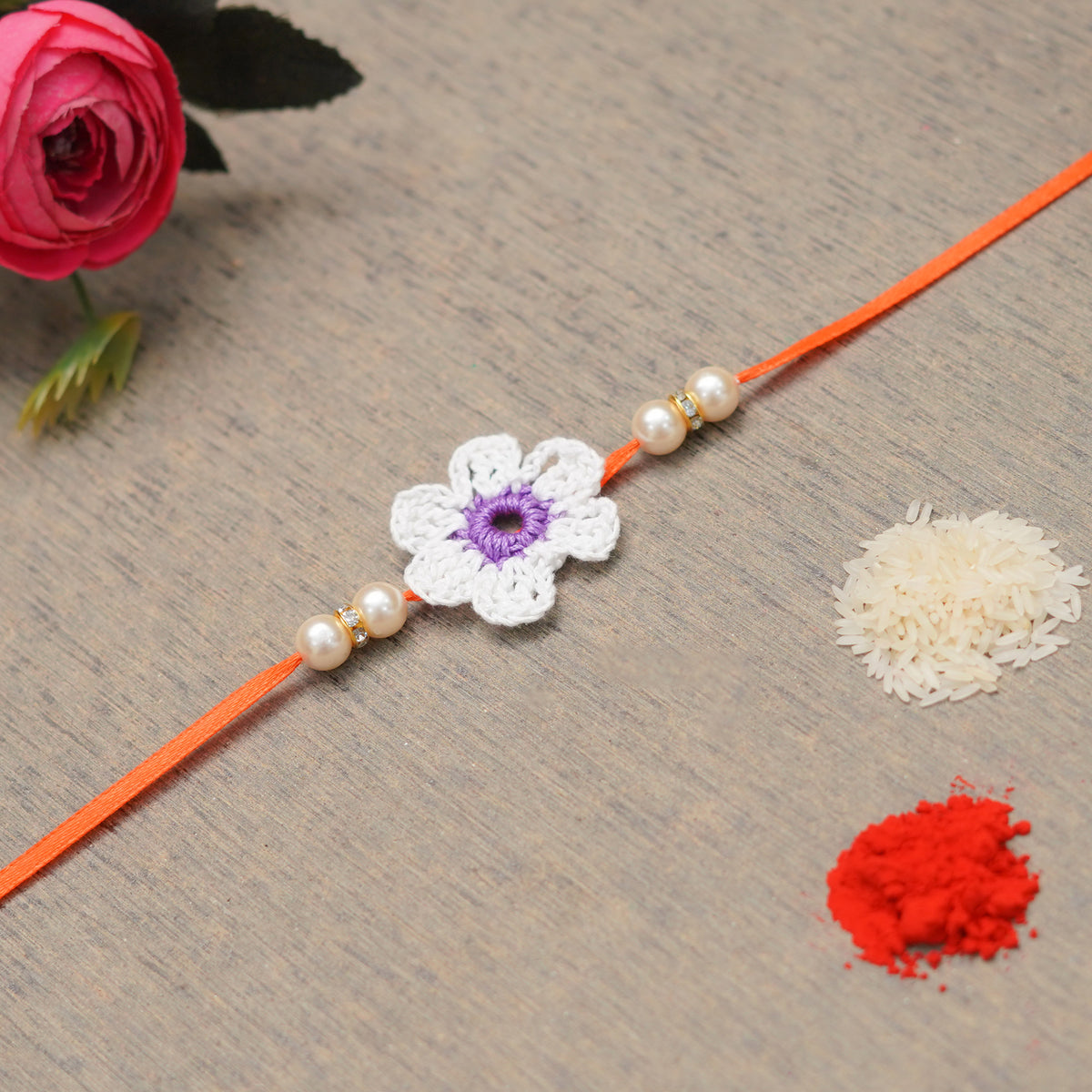 The Magic Wand Trendy Handcrafted Crochet Flower Shaped Rakhi - White