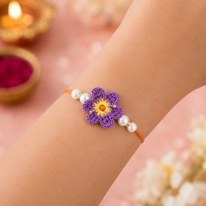 The Magic Wand Cute Flower Applique Pearl Detailing Handmade Crochet Rakhi For Kids-Purple