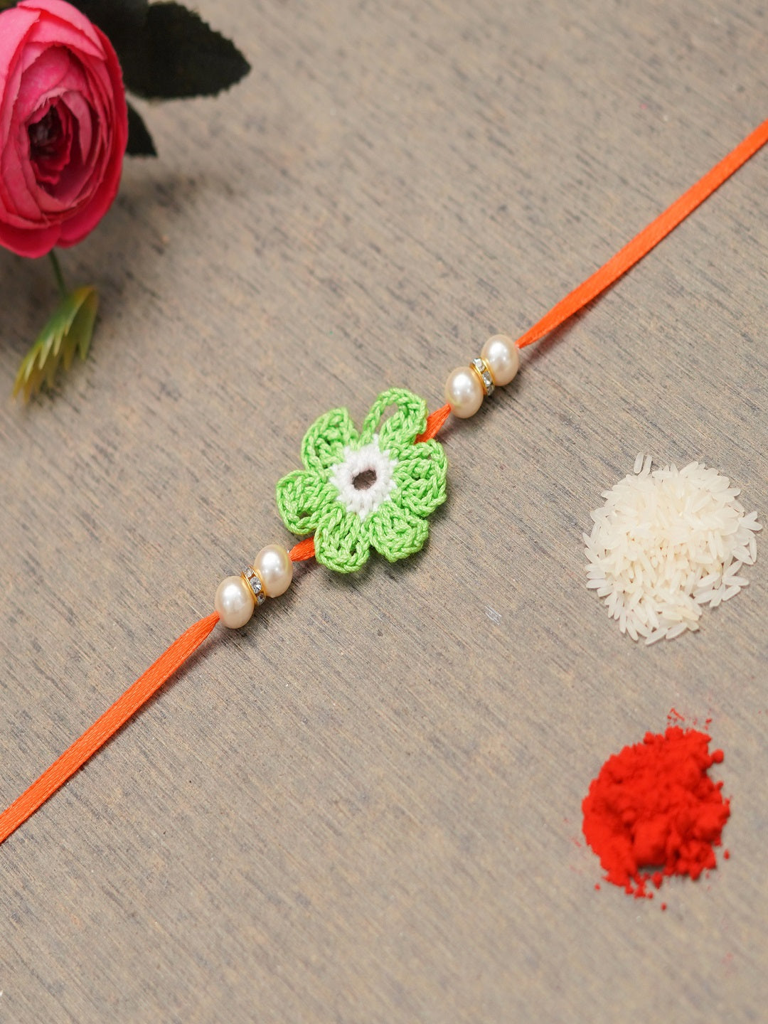 The Magic Wand Trendy Handcrafted Crochet Flower Shaped Rakhi - Green