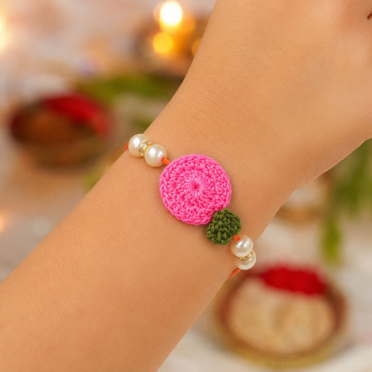 The Magic Wand Trendy Handcrafted Crochet Flower Shaped Rakhi - Pink