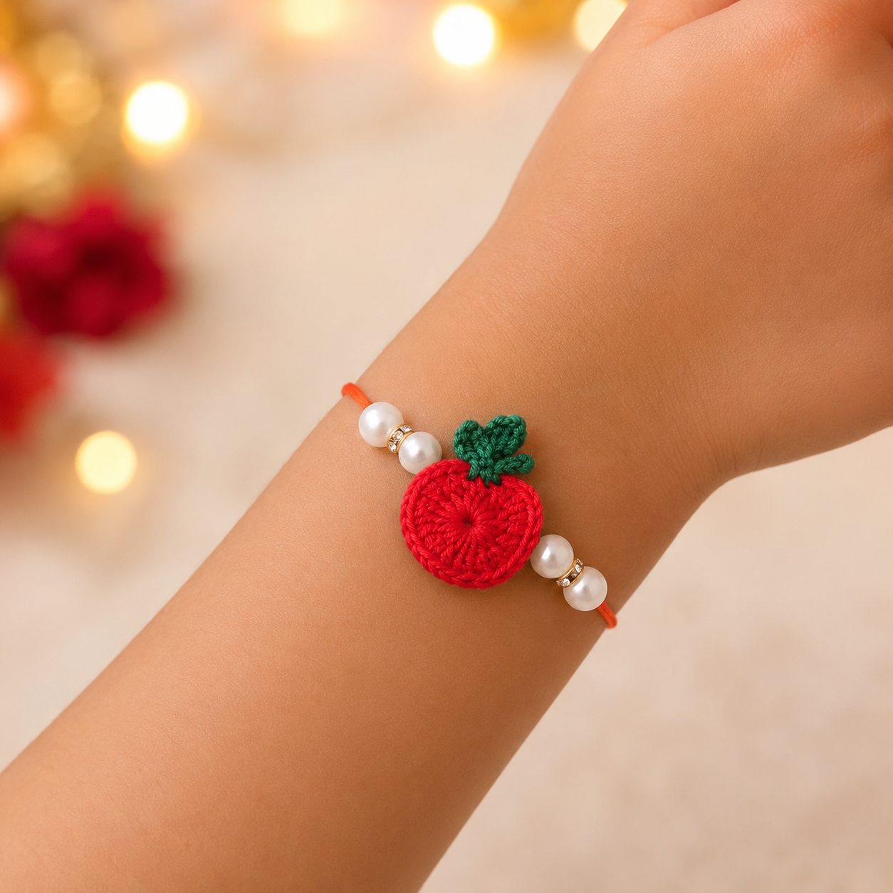 The Magic Wand Cute Fruit Applique Pearl Detailing Handmade Crochet Rakhi - Red