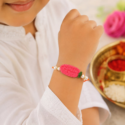 The Magic Wand Trendy Handcrafted Crochet Flower Shaped Rakhi - Coral