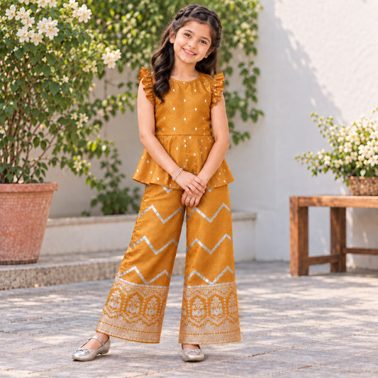 The Magic Wand Woven Sleeveless Zari Butti Ruffle Detailed Top & Jacquard Chevron Pattern Palazzo Set-Mustard