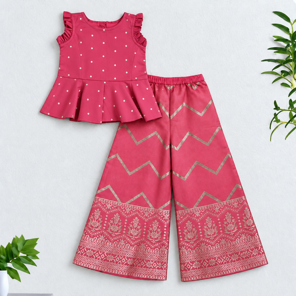 The Magic Wand Woven Sleeveless Zari Butti Ruffle Detailed Top & Jacquard Chevron Pattern Palazzo Set-Coral