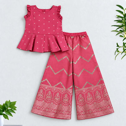The Magic Wand Woven Sleeveless Zari Butti Ruffle Detailed Top & Jacquard Chevron Pattern Palazzo Set-Coral
