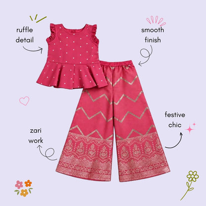 The Magic Wand Woven Sleeveless Zari Butti Ruffle Detailed Top & Jacquard Chevron Pattern Palazzo Set-Coral