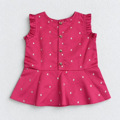 The Magic Wand Woven Sleeveless Zari Butti Ruffle Detailed Top & Jacquard Chevron Pattern Palazzo Set-Coral