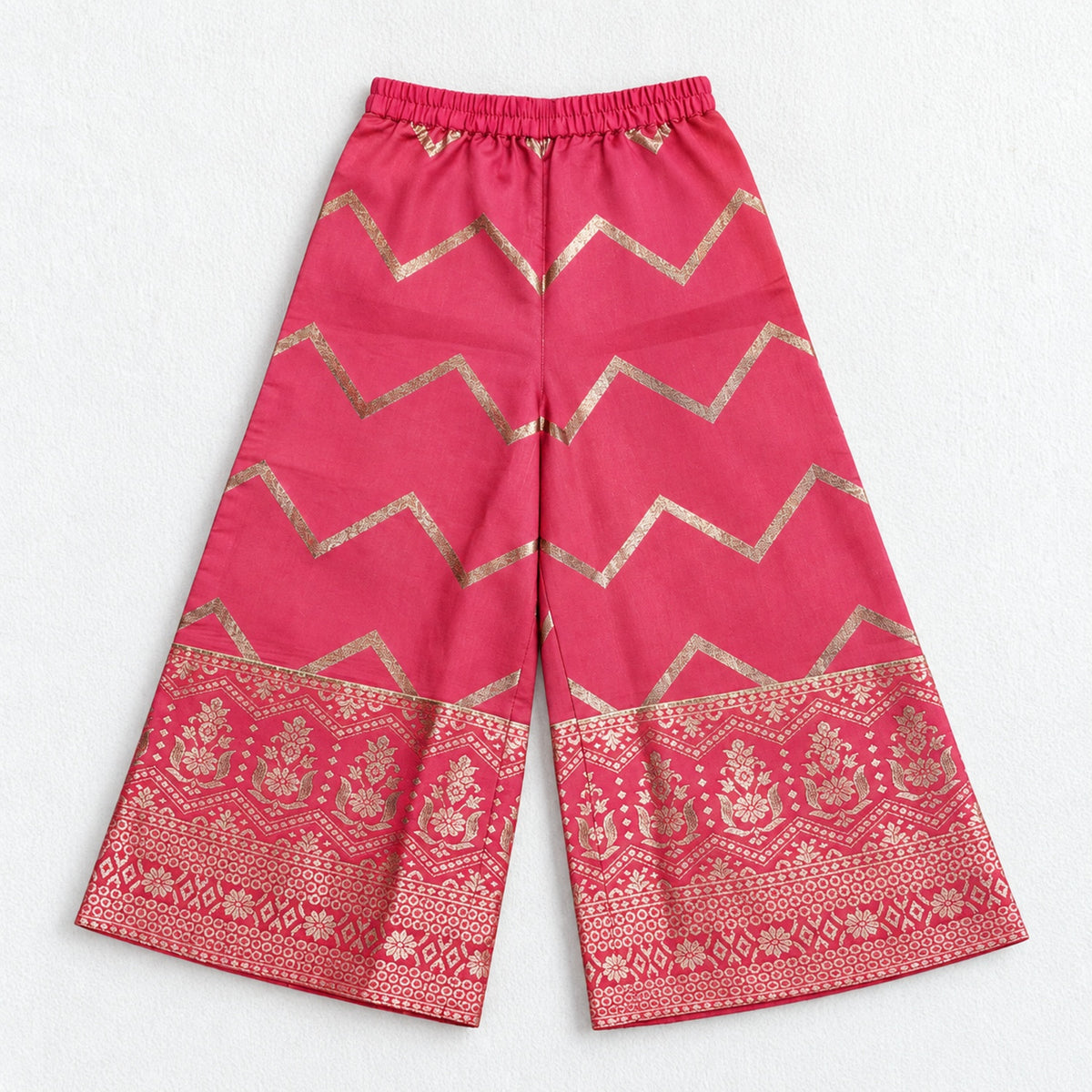 The Magic Wand Woven Sleeveless Zari Butti Ruffle Detailed Top & Jacquard Chevron Pattern Palazzo Set-Coral