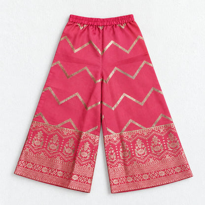 The Magic Wand Woven Sleeveless Zari Butti Ruffle Detailed Top & Jacquard Chevron Pattern Palazzo Set-Coral