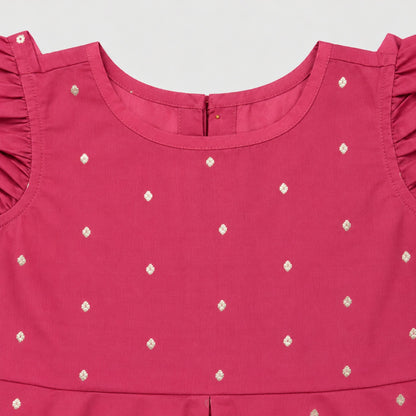 The Magic Wand Woven Sleeveless Zari Butti Ruffle Detailed Top & Jacquard Chevron Pattern Palazzo Set-Coral
