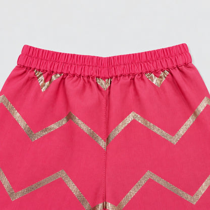 The Magic Wand Woven Sleeveless Zari Butti Ruffle Detailed Top & Jacquard Chevron Pattern Palazzo Set-Coral