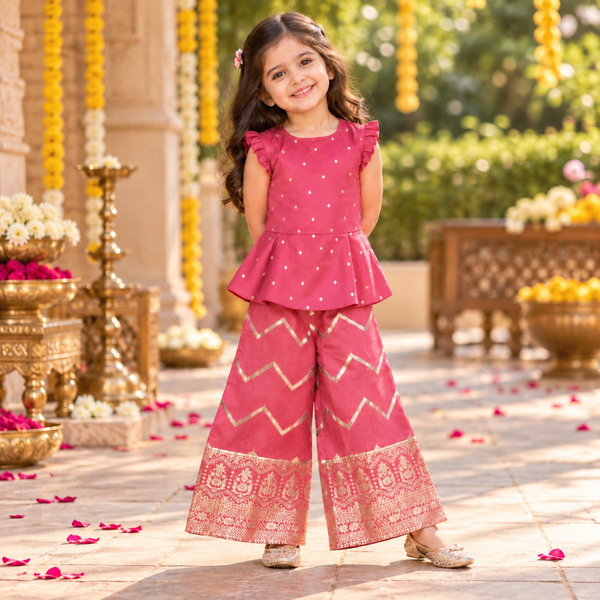 The Magic Wand Woven Sleeveless Zari Butti Ruffle Detailed Top & Jacquard Chevron Pattern Palazzo Set-Coral