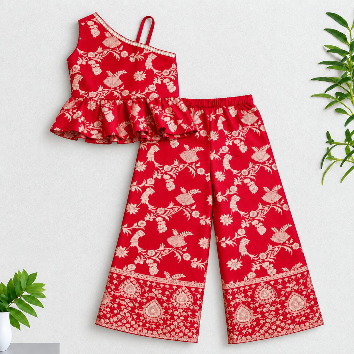 The Magic Wand Woven Jacquard One Shoulder Floral Zari Ruffle Detailed Top And Palazzo Set-Red