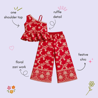 The Magic Wand Woven Jacquard One Shoulder Floral Zari Ruffle Detailed Top And Palazzo Set-Red