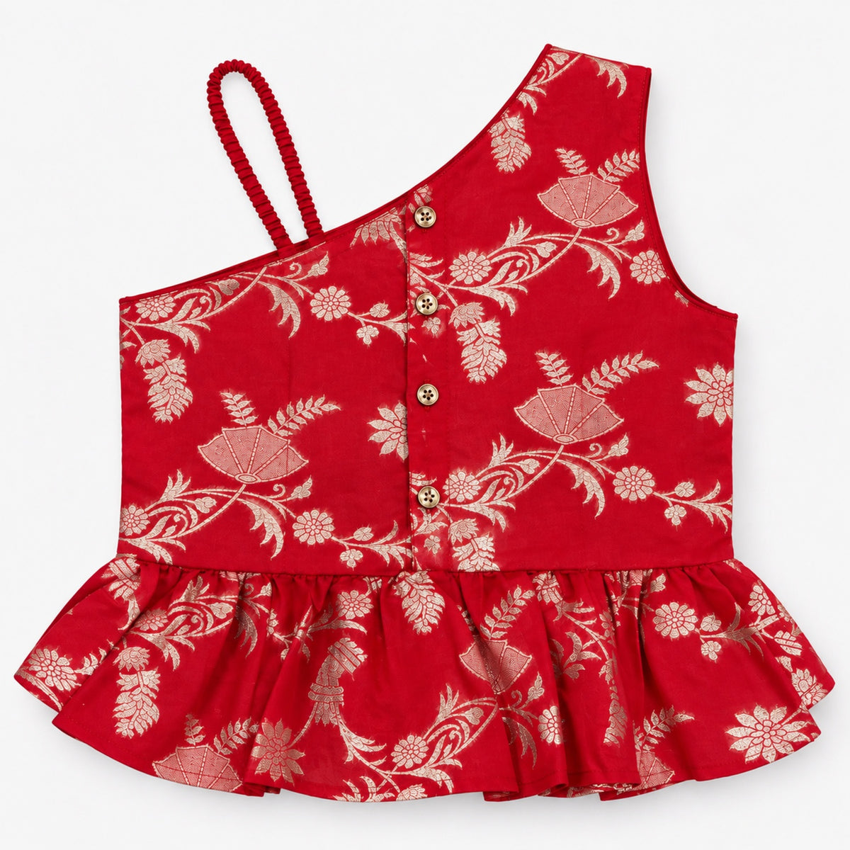 The Magic Wand Woven Jacquard One Shoulder Floral Zari Ruffle Detailed Top And Palazzo Set-Red