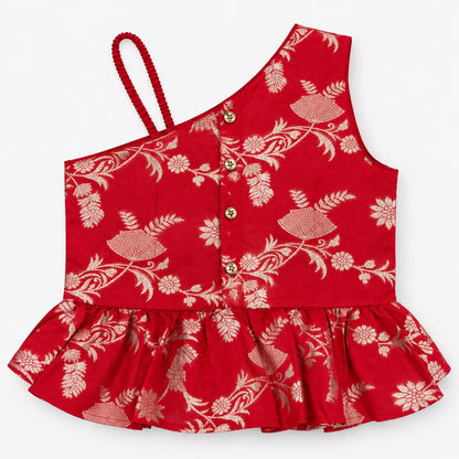 The Magic Wand Woven Jacquard One Shoulder Floral Zari Ruffle Detailed Top And Palazzo Set-Red