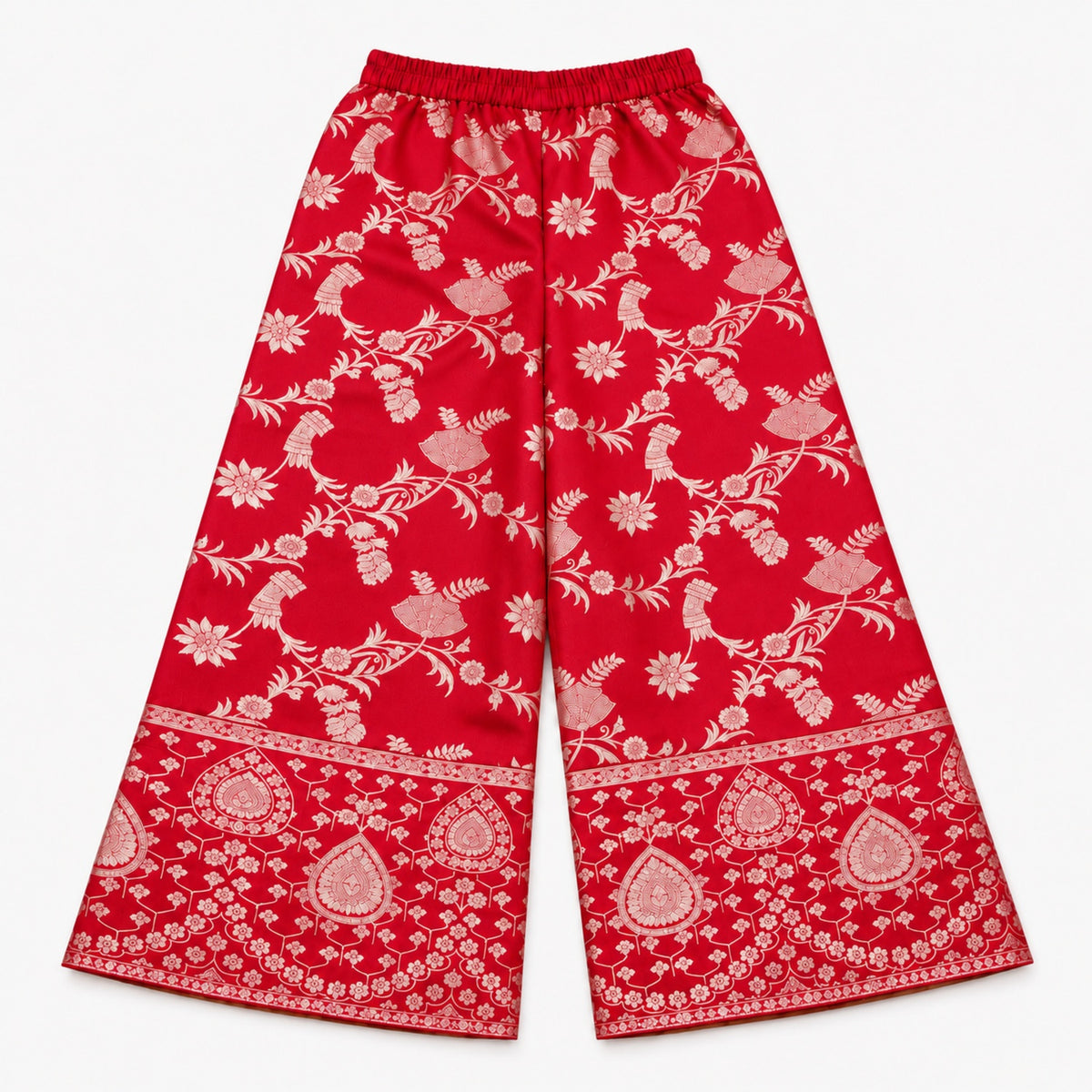 The Magic Wand Woven Jacquard One Shoulder Floral Zari Ruffle Detailed Top And Palazzo Set-Red