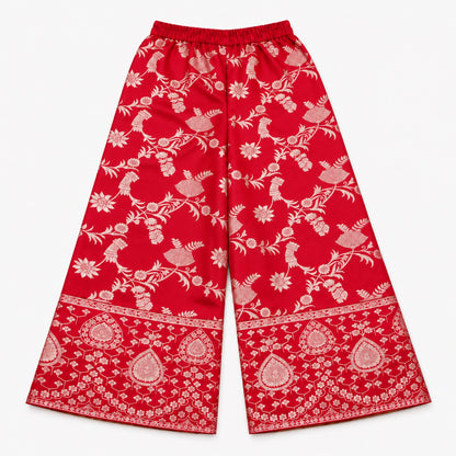The Magic Wand Woven Jacquard One Shoulder Floral Zari Ruffle Detailed Top And Palazzo Set-Red