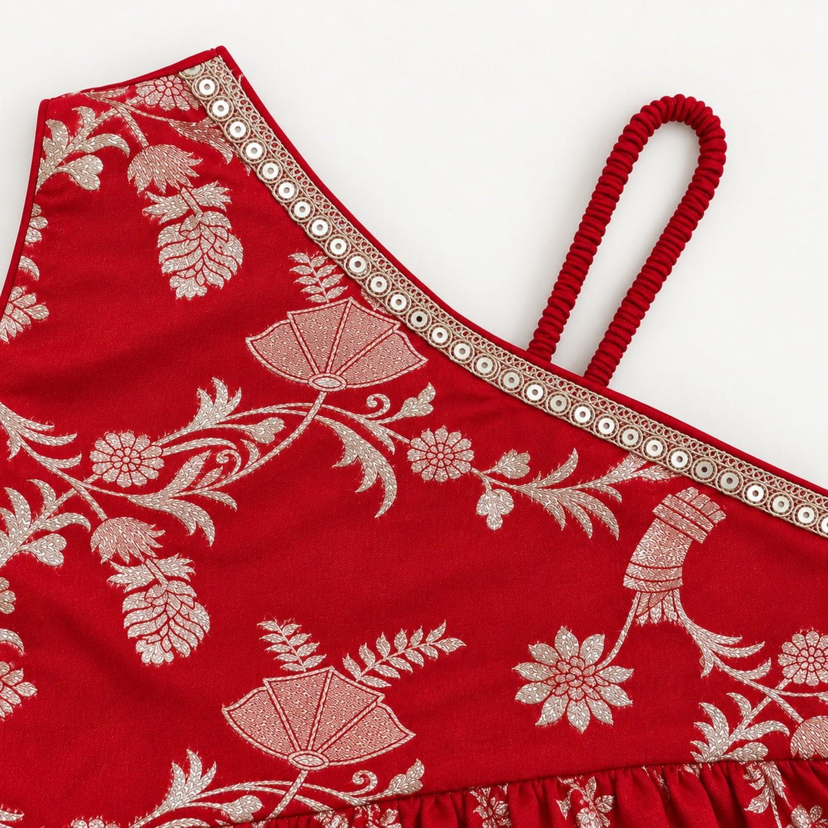 The Magic Wand Woven Jacquard One Shoulder Floral Zari Ruffle Detailed Top And Palazzo Set-Red