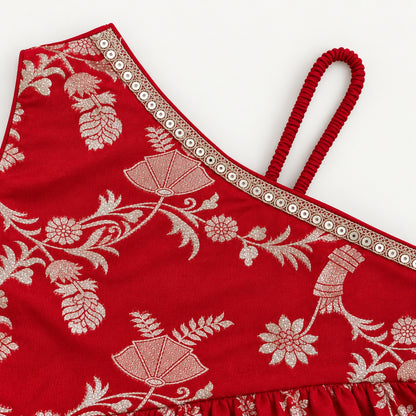 The Magic Wand Woven Jacquard One Shoulder Floral Zari Ruffle Detailed Top And Palazzo Set-Red
