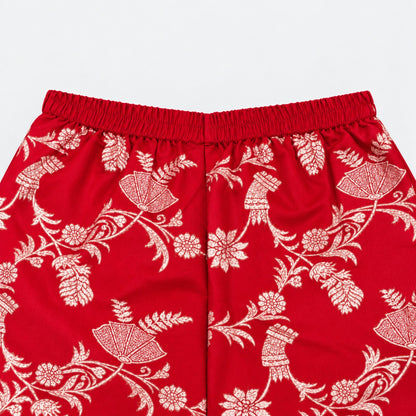 The Magic Wand Woven Jacquard One Shoulder Floral Zari Ruffle Detailed Top And Palazzo Set-Red