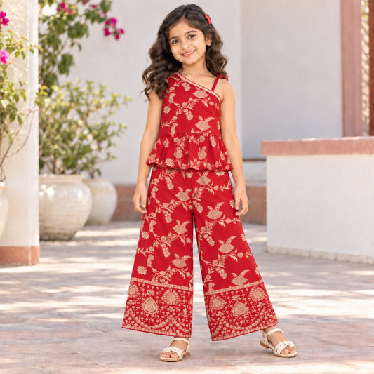 The Magic Wand Woven Jacquard One Shoulder Floral Zari Ruffle Detailed Top And Palazzo Set-Red