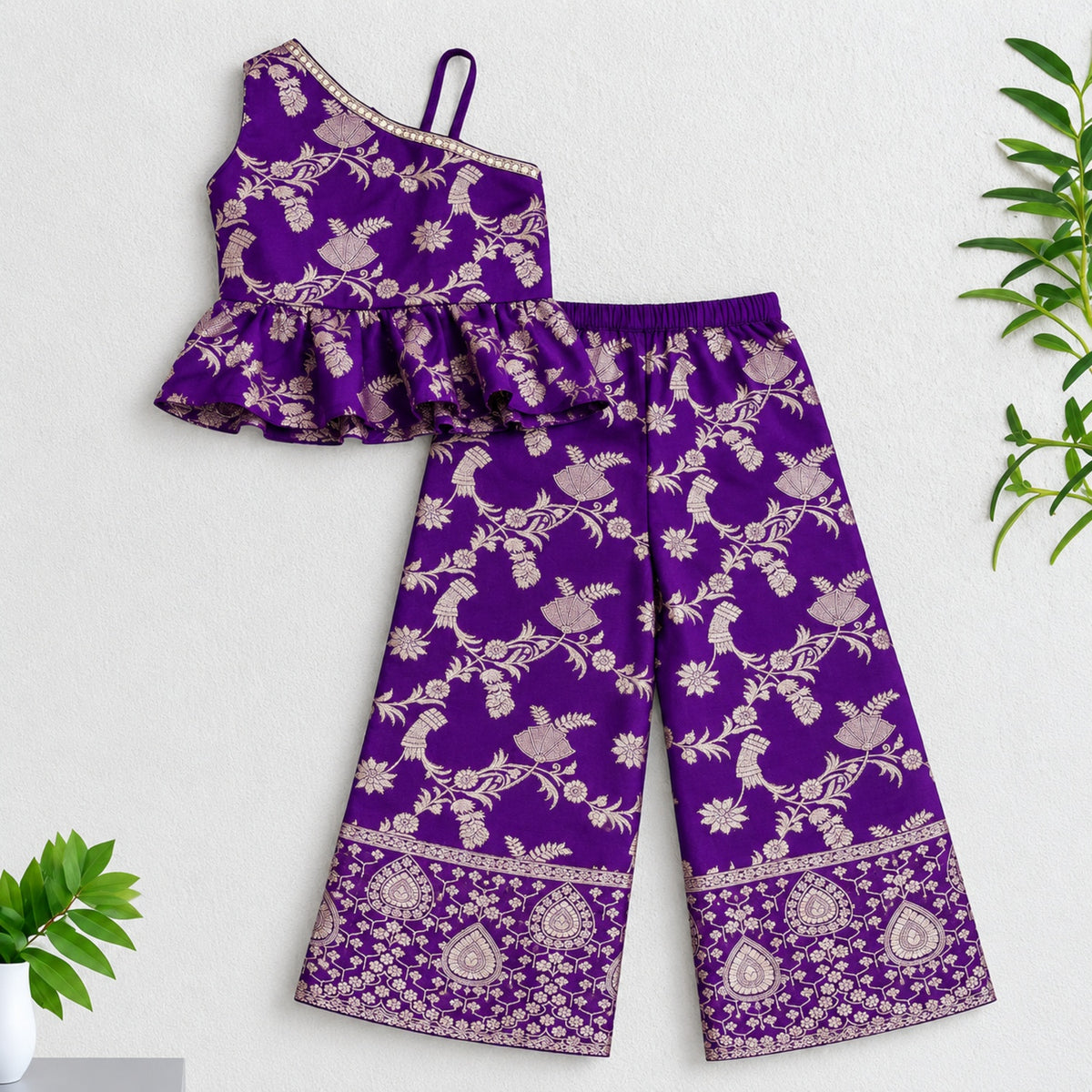 The Magic Wand Woven Jacquard One Shoulder Floral Zari Ruffle Detailed Top And Palazzo Set-Purple